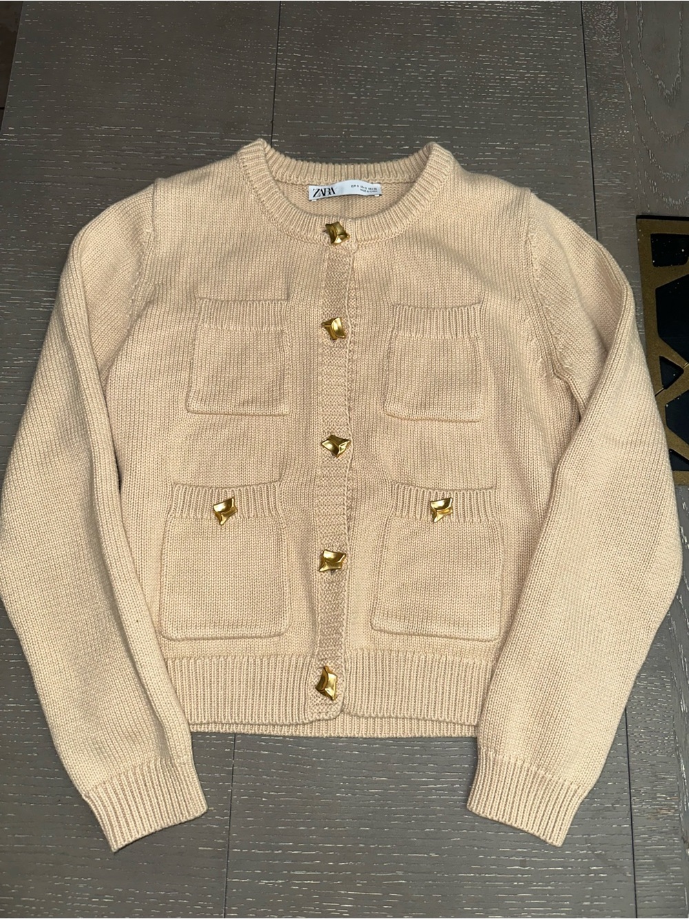 Zara Cream Button-Front Pocket Knit Sweater